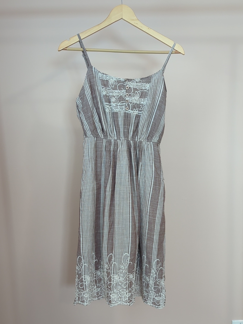 Striped Spaghetti‑Strap Midi Dress with White Embroidery
